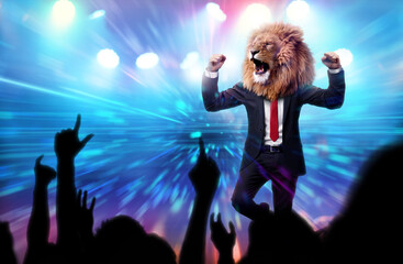Man with a lion head in a business suit celebrating in a victory party with crowd cheering....