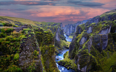 Unique sunset and landscape of Fjadrargljufur in Iceland. Top tourism destination. Fjadrargljufur Canyon is a massive canyon about 100 meters deep 