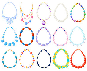Women gold, silver, pearl jewel beads and necklaces. Cartoon women necklace, gold, silver, pearl, amber and turquoise beads vector illustration set. Jewel precious necklaces