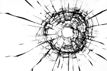 Collage Hole from a ball in the glass, cracks on a white background