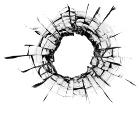 Collage Hole from a ball in the glass, cracks on a white background