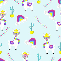 Pattern of funny lama alpaca on blue background. Flat image of cute and funny animal.