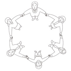 手を繋いで輪になっている男性と女性のサラリーマン