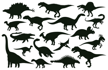 Cartoon dinosaurs, jurassic extinct dino raptors silhouettes. Jurassic extinct reptiles, ancient raptor monsters vector illustration set. Dinosaurs silhouettes