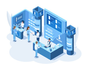 Isometric 3d expo demonstration presentation promo stand. Exhibition educational or promo information stand with expo consultant vector illustration. Expo center concept