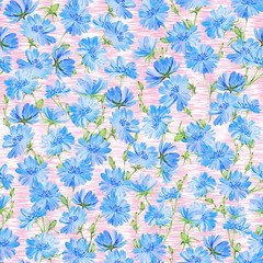 Chicory seamless floral pattern. Leaves. Natural background. Meadow flowers. Herbal theme. Botanical illustration.