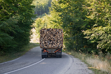 Cut wood loaded in the truck. The truck is going on a road that passes through the forest
