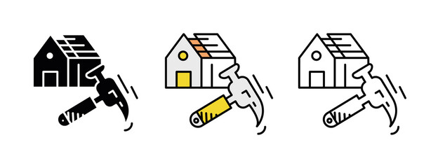 House roof repair process icon set. Architecture icon. Art vector illustration set. Editable row set. Silhouette, colored, linear icon set.