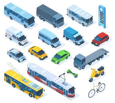 Isometric 3d transport, sedan, bus, ambulance car, truck, bicycle. Public city transport, tram, trolleybus and police car vector illustration set. Urban public vehicles