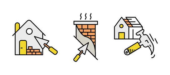 House chimney and brick construction icon set. Architecture icon. Art vector illustration set. Editable row set. Silhouette, colored, linear icon set.