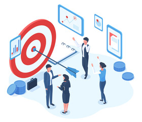 Isometric business goal successful achievement characters. Business office team goals achievement shooting target metaphor vector illustration. Successful business strategy