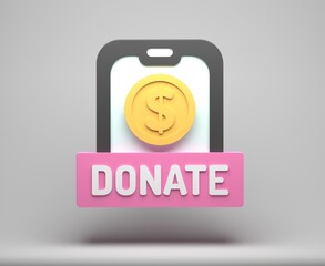 Donation coin with mobile phone. Donation and charity concept. 3D Rendering Illustrations.