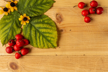 Beautiful photos of red hawthorn berries on a wooden table. Close-up.