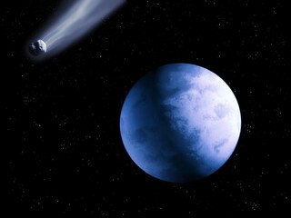 Exoplanet similar to Earth, extrasolar planet in space with comet and stars 3d illustration.