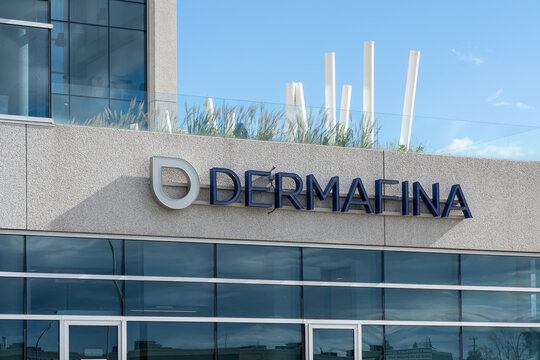 Dorval, Quebec, Canada - September 3, 2021: Close up of Dermafina sign on the building in Dorval, Quebec, Canada. Dermafina is a Medical spa provides cosmetic dermatology services.