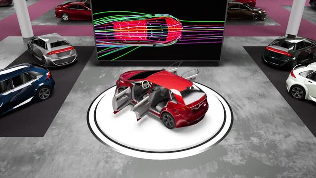 Modern cars at the motorshow. 3D rendering.