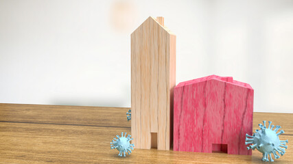 wood house and virus for medical or outbreak  concept 3d rendering