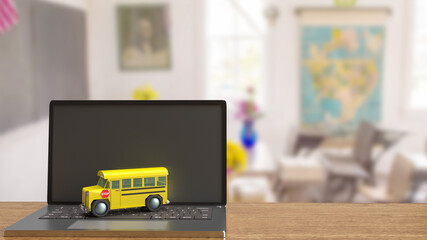 school bus on laptop for e learning concept 3d rendering