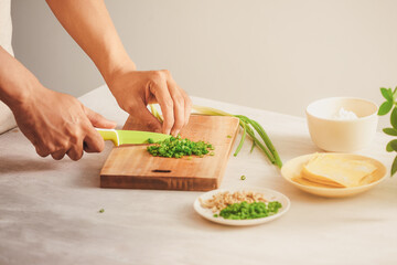 Wrapping Wonton and raw ingredients isolated at kitchen