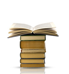 Opened paper book isolated. Stack of old retro books isolated on white background. Education concept.