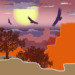 Mountains landscape flat illustration. Nature scenery with mountains, sun and birds silhouettes in the sky.