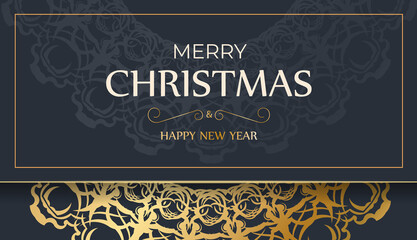 Festive Brochure Merry Christmas and Happy New Year in dark blue color with abstract gold pattern