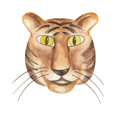 Watercolor illustration hand painted tiger head with yellow eyes, stripes on the fur isolated on white. New Year symbol of 2022. Cartoon character clip art element for design postcard, banner, fabric