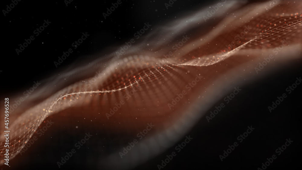 Poster Digital motion graphic of flowing particles wave in abstract cyber space technology de-focus background