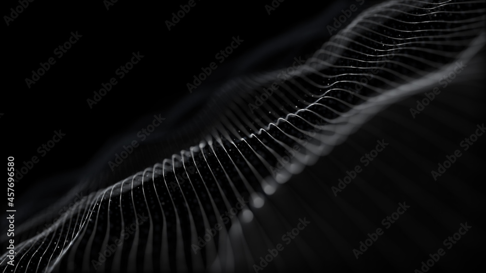 Aufkleber Digital motion graphic of flowing particles wave in abstract cyber space technology de-focus background