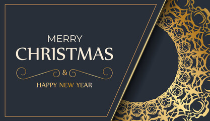 Festive Brochure Merry Christmas and Happy New Year in dark blue with vintage gold pattern
