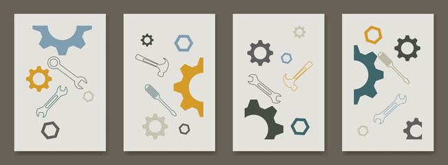 Set of 4 abstract mechanical tools posters vector illustration