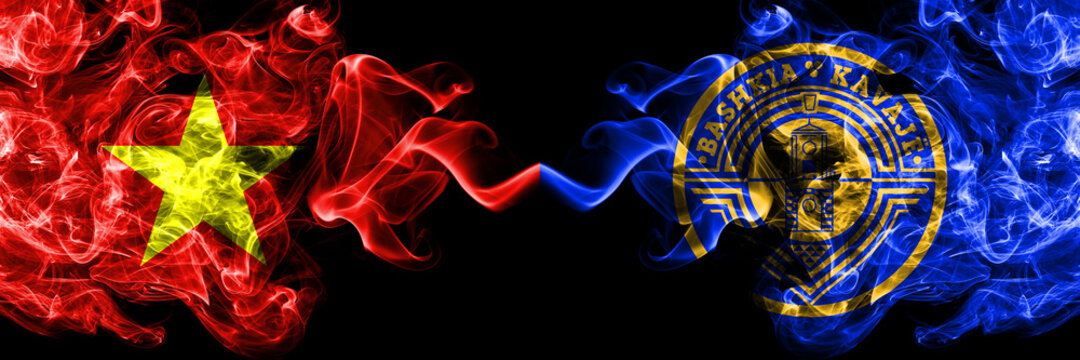 Vietnam, Vietnamese vs Albania, Flamuri, Bashkise, Kavaje, state smoke flags side by side.