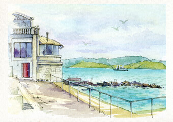 City landscape. Buildings are located on the seashore. The old embankment in the port. Sevastopol, Crimea. Freehand drawing.