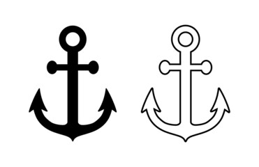 Anchor icon. Silhouette outline line anchor. Black symbol boat or ship isolated on white background. Marine logo. Simple nautical design. Maritime graphic element. Anchor sea sign. Vector illustration
