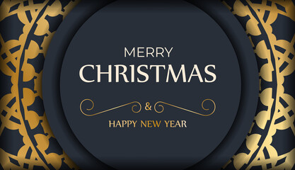 Festive flyer happy new year dark blue color with winter gold pattern