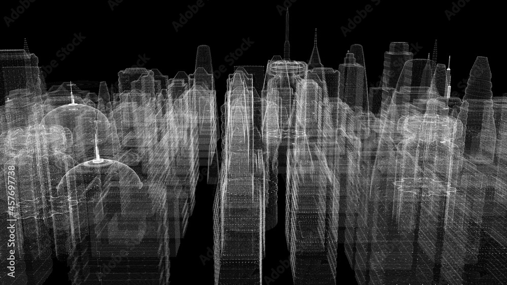 Poster Futuristic 3d rendering of rotating holographic city digitally generated image virtual reality matrix particles simulation in cyber space background environment for head up display screen
