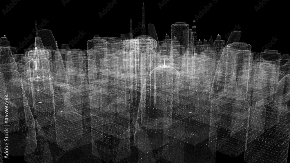 Poster Futuristic 3d rendering of rotating holographic city digitally generated image virtual reality matrix particles simulation in cyber space background environment for head up display screen