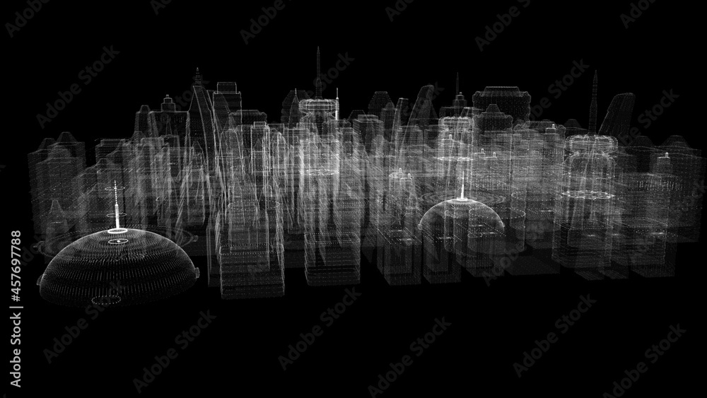 Poster Futuristic 3d rendering of rotating holographic city digitally generated image virtual reality matrix particles simulation in cyber space background environment for head up display screen