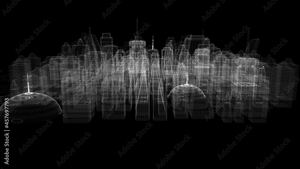 Poster Futuristic 3d rendering of rotating holographic city digitally generated image virtual reality matrix particles simulation in cyber space background environment for head up display screen