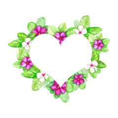 watercolor heart frame with green leaves with white and pink flowers, 
isolated on white background,for design or decoration
