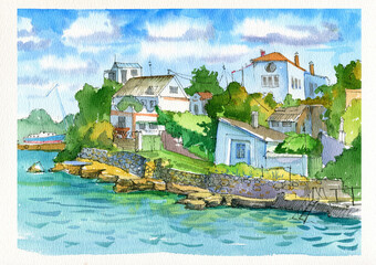 Obraz premium City landscape. Residential buildings are located on the seashore. The old embankment in the port. Sevastopol, Crimea. Freehand drawing.