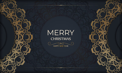 Flyer Merry Christmas and Happy New Year in dark blue color with vintage gold pattern