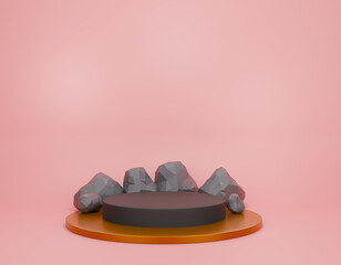 black podium on golden plate with black rock on pink background. for product stand or product display. Minimalist style. 3D Rendering