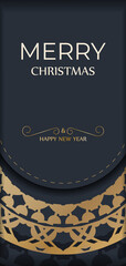 Greeting card template Merry Christmas and Happy New Year in dark blue with winter gold pattern
