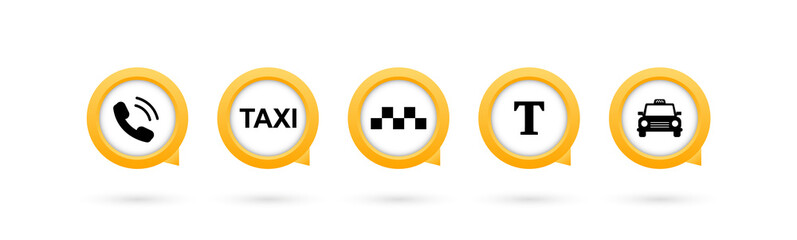 Taxi yellow icons set. Map pointers with taxi car sign. Vector illustration. EPS 10