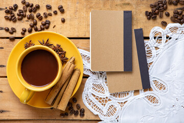 Top view coffee cup with notebooks