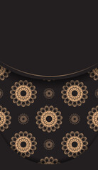 Greeting flyer template in black color with brown abstract ornament