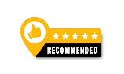 Recommend icon with thumb up. Best brend. Emblem with five stars and geolocation icon. Recommendation tag. Good advice. Modern recommend badge. Vector - obrazy, fototapety, plakaty