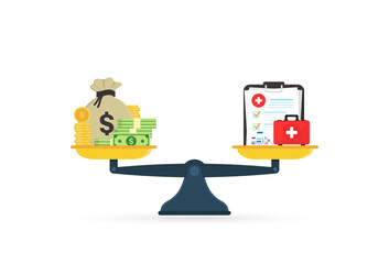 Money and health balance. Scale of balance between money, dollar and medicine, pill. Balance of lifestyle and work. Health care and treatment costs contradiction conflict. Health concept. Vector
