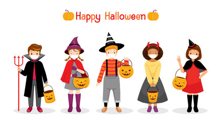 Children Dressing Up Halloween Costumes Holding Pumpkin Buckets, Holiday